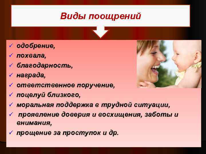 Виды поощрений ü ü ü ü ü одобрение, похвала, благодарность, награда, ответственное поручение, поцелуй