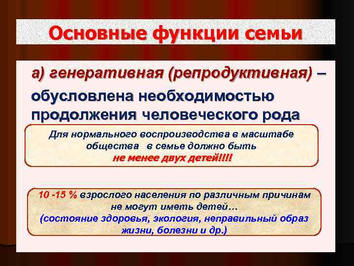 Основные функции семьи а) генеративная (репродуктивная) – обусловлена необходимостью продолжения человеческого рода Для нормального