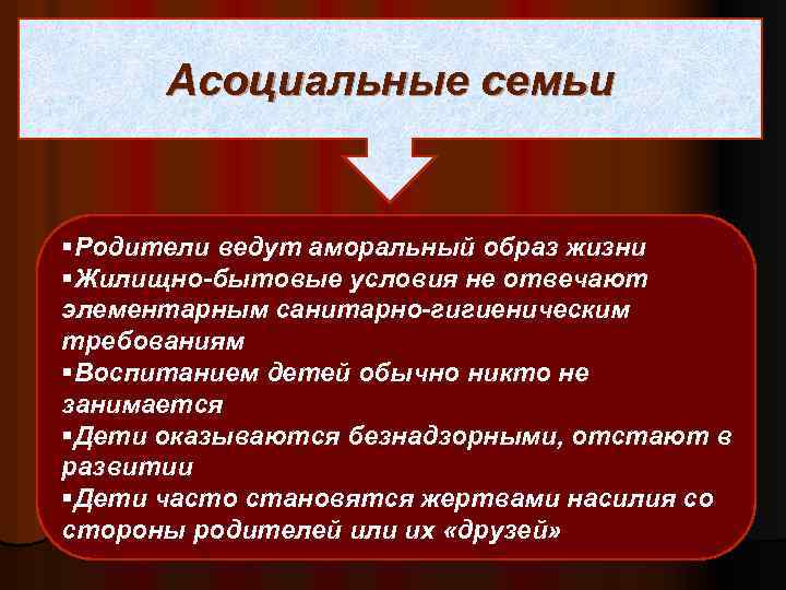 Асоциальные семьи §Родители ведут аморальный образ жизни §Жилищно-бытовые условия не отвечают элементарным санитарно-гигиеническим требованиям