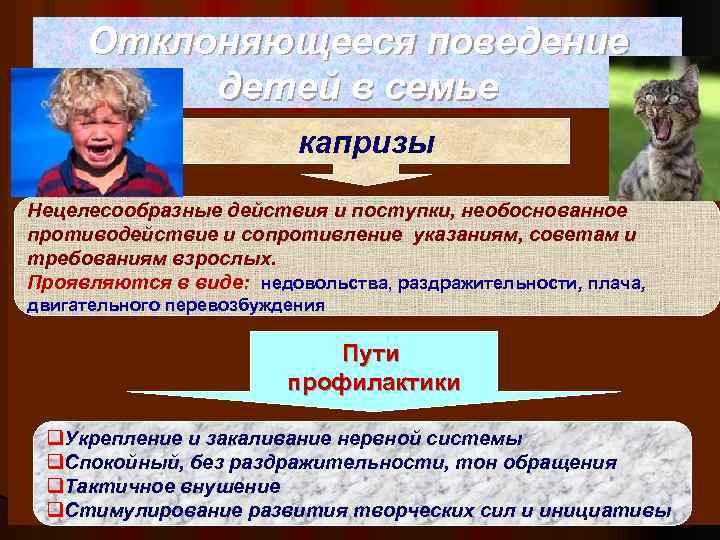 Отклоняющееся поведение детей в семье капризы Нецелесообразные действия и поступки, необоснованное противодействие и сопротивление