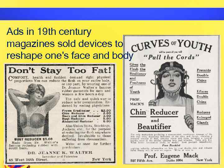 Ads in 19 th century magazines sold devices to reshape one's face and body