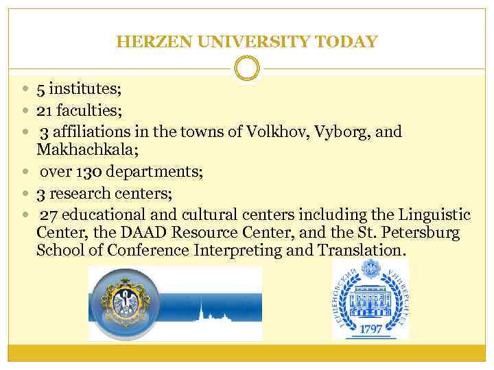 HERZEN UNIVERSITY TODAY 5 institutes; 21 faculties; 3 affiliations in the towns of Volkhov,