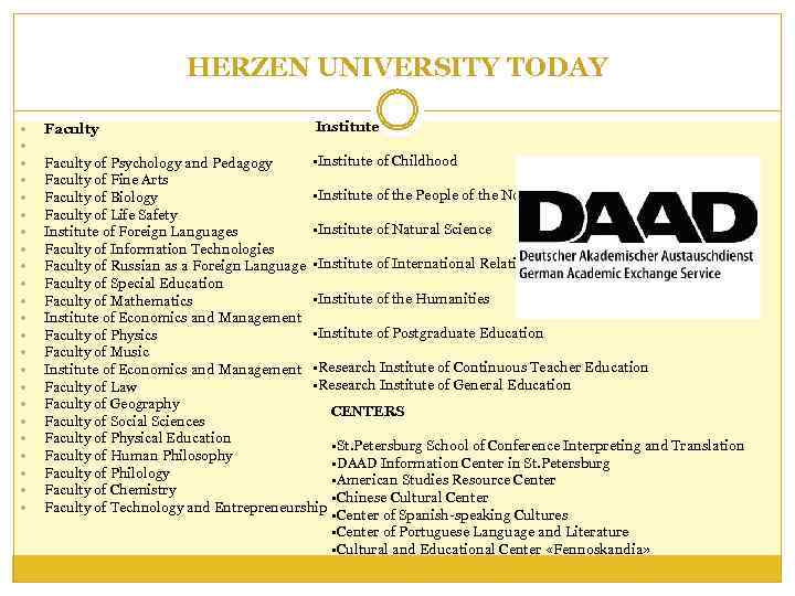 HERZEN UNIVERSITY TODAY Faculty Institute • Institute of Childhood Faculty of Psychology and Pedagogy