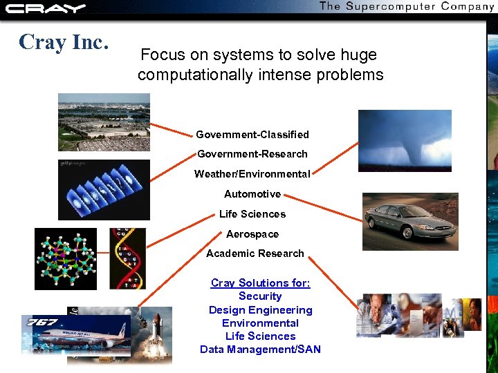 Cray Inc. Focus on systems to solve huge computationally intense problems Government-Classified Government-Research Weather/Environmental