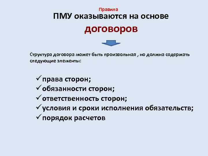 Правила ПМУ оказываются на основе договоров Структура договора может быть произвольная , но должна