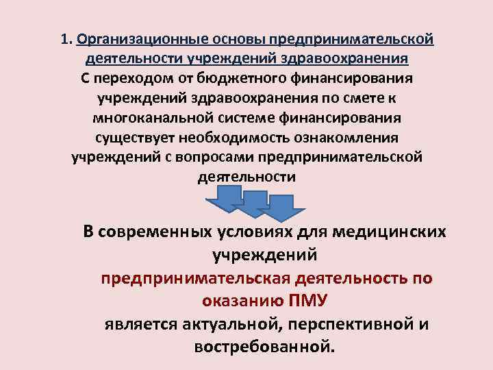 1. Организационные основы предпринимательской деятельности учреждений здравоохранения С переходом от бюджетного финансирования учреждений здравоохранения