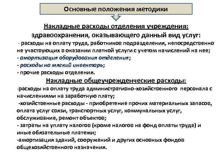 Основные положения методики Накладные расходы отделения учреждения: здравоохранения, оказывающего данный вид услуг: - расходы