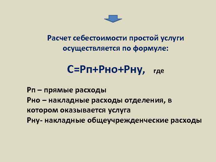Расчет себестоимости простой услуги осуществляется по формуле: С=Рп+Рно+Рну, где Рп – прямые расходы Рно