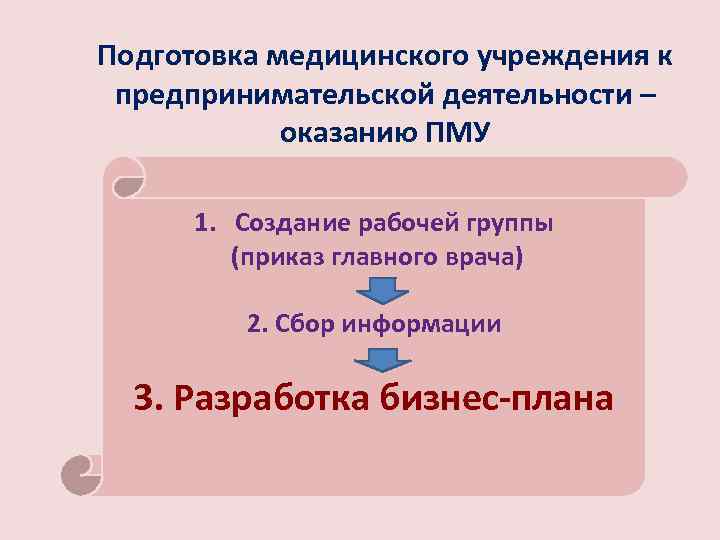 Подготовка медицинского учреждения к предпринимательской деятельности – оказанию ПМУ 1. Создание рабочей группы (приказ