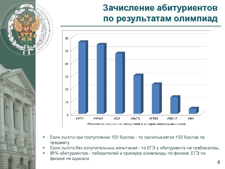 Зачисление абитуриентов по результатам олимпиад § § § Если льгота при поступлении 100 баллов