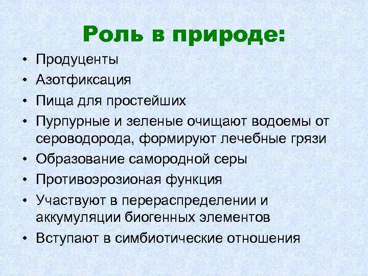 Роль в природе: • • Продуценты Азотфиксация Пища для простейших Пурпурные и зеленые очищают