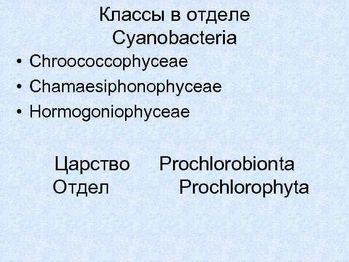 Классы в отделе Cyanobacteria • Chroococcophyceae • Chamaesiphonophyceae • Hormogoniophyceae Царство Отдел Prochlorobionta Prochlorophyta