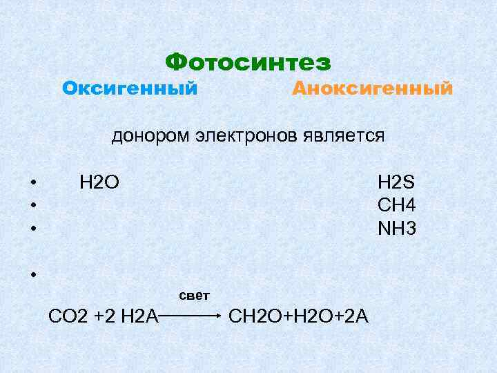 Фотосинтез Оксигенный Аноксигенный донором электронов является • • • H 2 O H 2