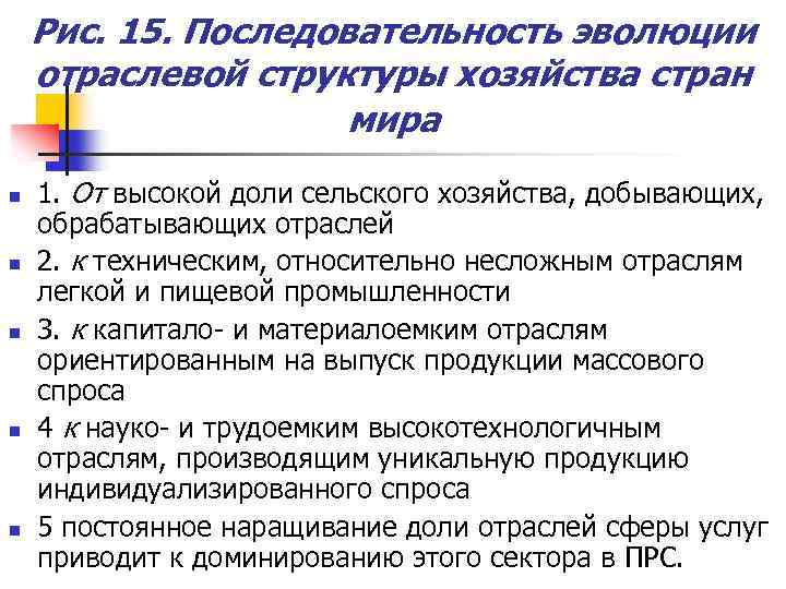 Рис. 15. Последовательность эволюции отраслевой структуры хозяйства стран мира n n n 1. От