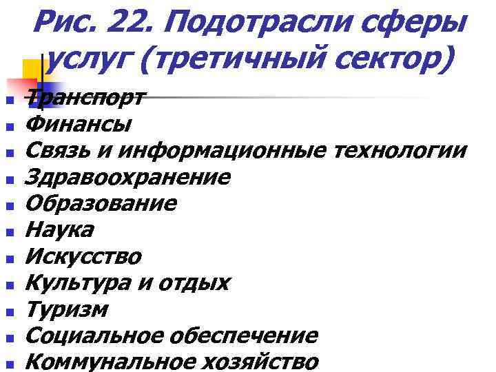 Рис. 22. Подотрасли сферы услуг (третичный сектор) n n n Транспорт Финансы Связь и