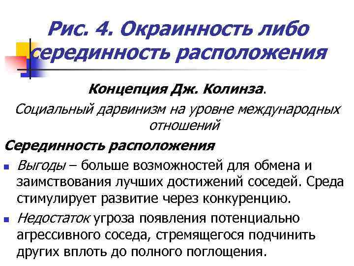 Рис. 4. Окраинность либо серединность расположения Концепция Дж. Колинза. Социальный дарвинизм на уровне международных