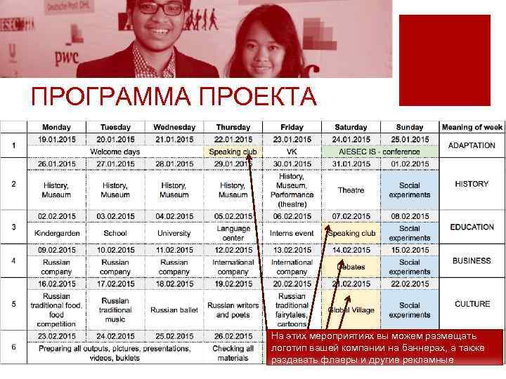 ПРОГРАММА ПРОЕКТА На этих мероприятиях вы можем размещать логотип вашей компании на баннерах, а