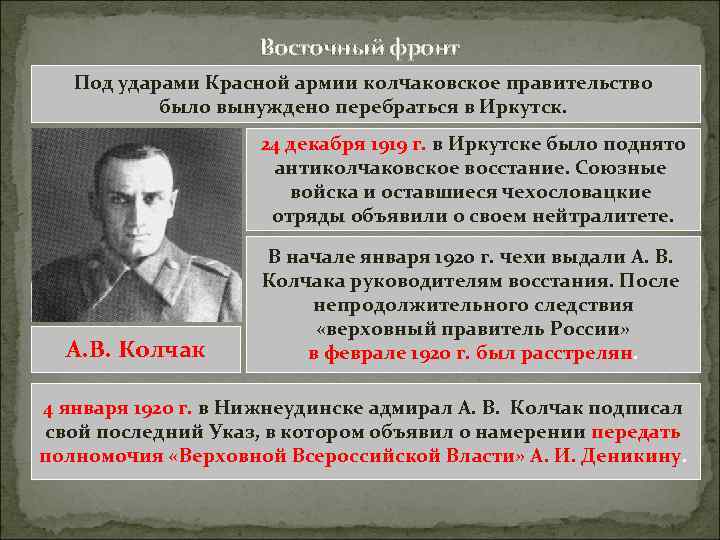 Восточный фронт Под ударами Красной армии колчаковское правительство было вынуждено перебраться в Иркутск. 24