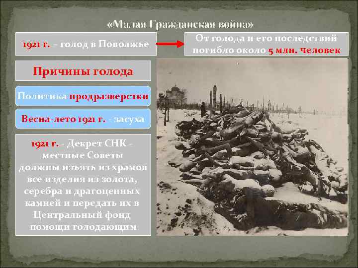  «Малая Гражданская война» 1921 г. – голод в Поволжье Причины голода Политика продразверстки