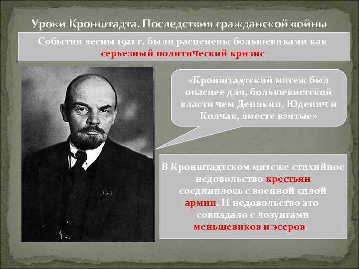 Уроки Кронштадта. Последствия гражданской войны События весны 1921 г. были расценены большевиками как серьезный