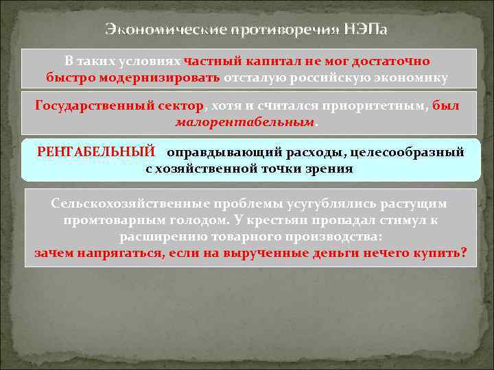 Экономические противоречия НЭПа В таких условиях частный капитал не мог достаточно быстро модернизировать отсталую