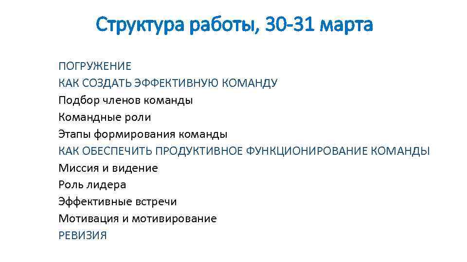 Структура работы, 30 -31 марта ПОГРУЖЕНИЕ КАК СОЗДАТЬ ЭФФЕКТИВНУЮ КОМАНДУ Подбор членов команды Командные