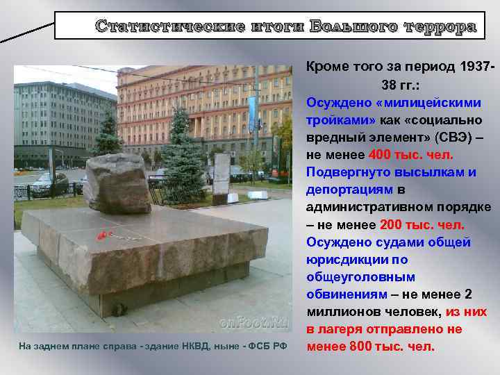 Статистические итоги Большого террора Кроме того за период 193738 гг. : На заднем плане