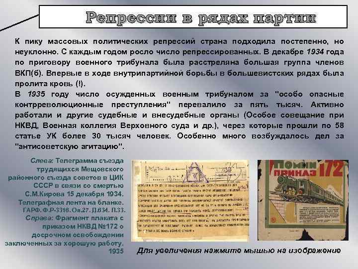 Репрессии в рядах партии К пику массовых политических репрессий страна подходила постепенно, но неуклонно.