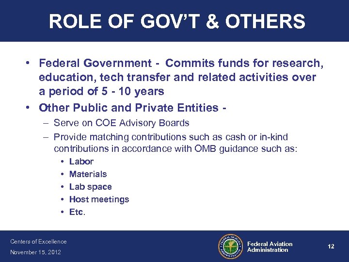 ROLE OF GOV’T & OTHERS • Federal Government - Commits funds for research, education,