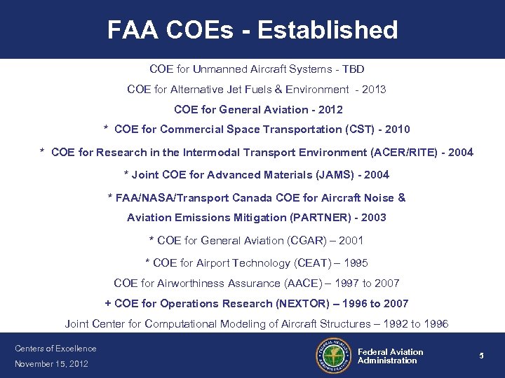 FAA COEs - Established COE for Unmanned Aircraft Systems - TBD COE for Alternative