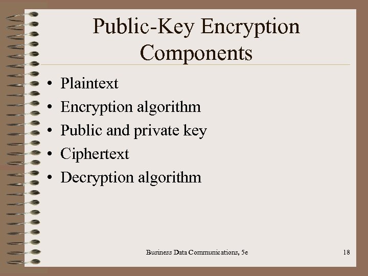 Public-Key Encryption Components • • • Plaintext Encryption algorithm Public and private key Ciphertext