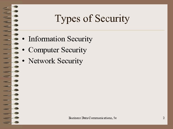 Types of Security • Information Security • Computer Security • Network Security Business Data