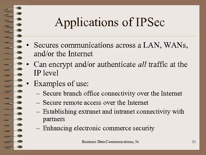 Applications of IPSec • Secures communications across a LAN, WANs, and/or the Internet •