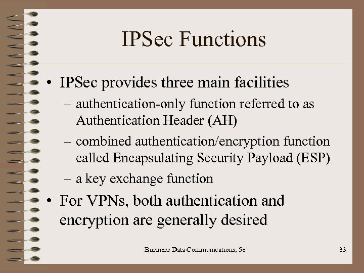 IPSec Functions • IPSec provides three main facilities – authentication-only function referred to as
