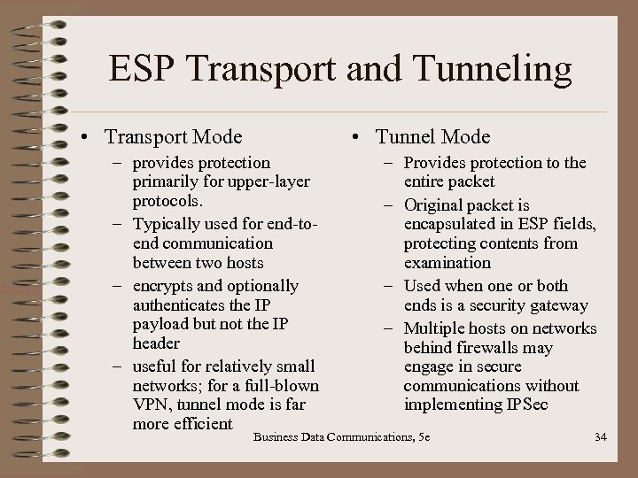 ESP Transport and Tunneling • Transport Mode • Tunnel Mode – provides protection primarily