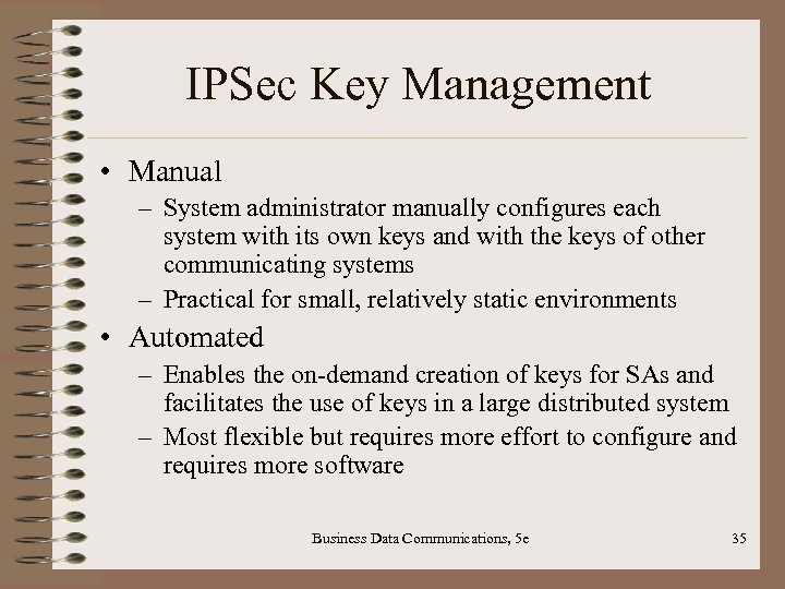 IPSec Key Management • Manual – System administrator manually configures each system with its