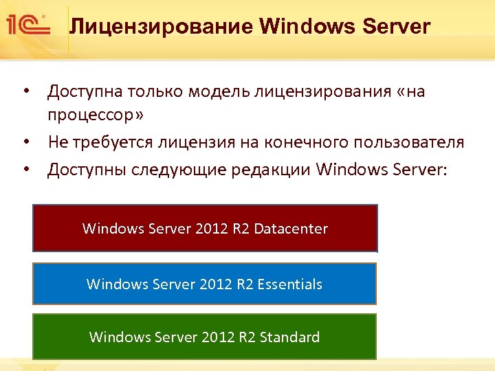 Лицензирование Windows Server • Доступна только модель лицензирования «на процессор» • Не требуется лицензия
