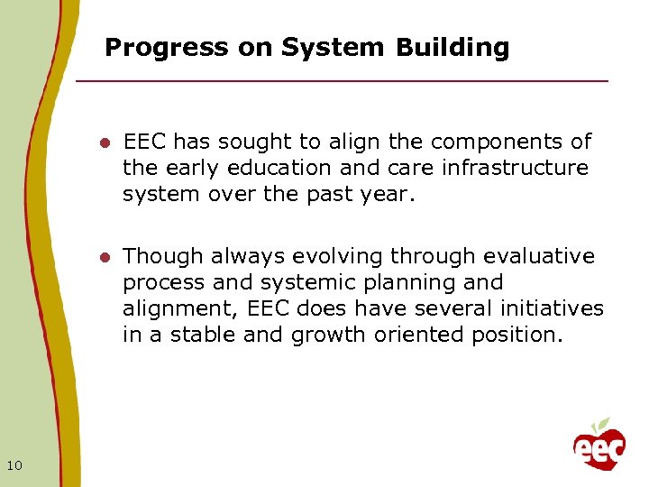 Progress on System Building l l 10 EEC has sought to align the components