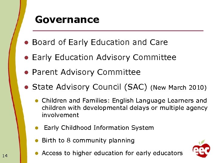 Governance l Board of Early Education and Care l Early Education Advisory Committee l