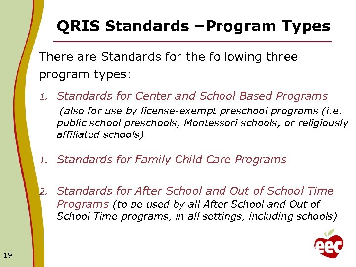 QRIS Standards –Program Types There are Standards for the following three program types: 1.