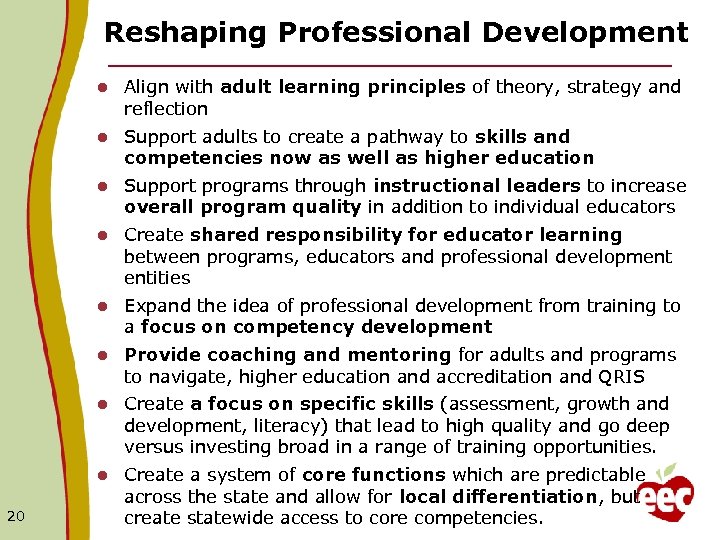 Reshaping Professional Development l l Support adults to create a pathway to skills and