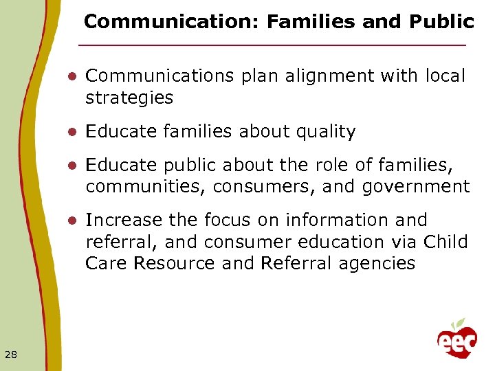 Communication: Families and Public l l Educate families about quality l Educate public about