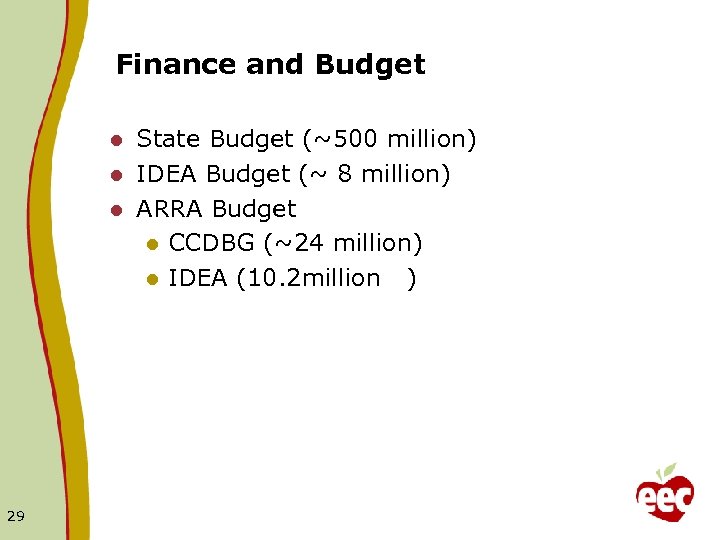 Finance and Budget State Budget (~500 million) l IDEA Budget (~ 8 million) l