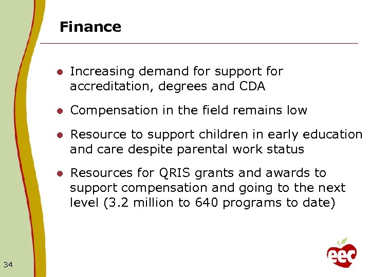 Finance l l Compensation in the field remains low l Resource to support children