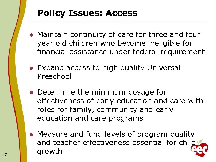 Policy Issues: Access l l Expand access to high quality Universal Preschool l Determine