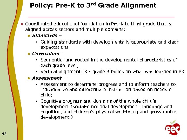 Policy: Pre-K to 3 rd Grade Alignment l 45 Coordinated educational foundation in Pre-K