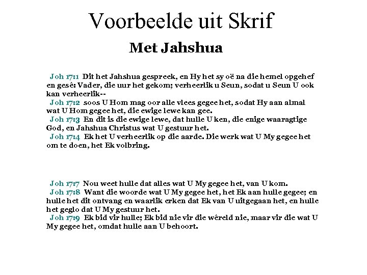 Voorbeelde uit Skrif Met Jahshua Joh 17: 1 Dit het Jahshua gespreek, en Hy