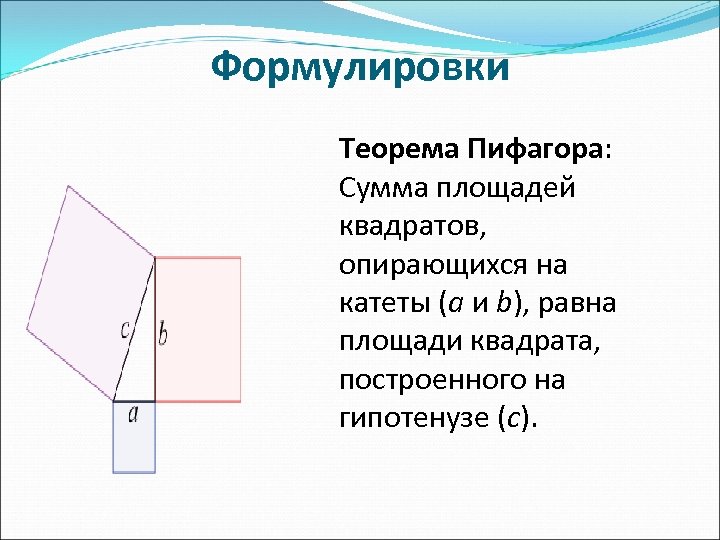 Формулировки Теорема Пифагора: Сумма площадей квадратов, опирающихся на катеты (a и b), равна площади