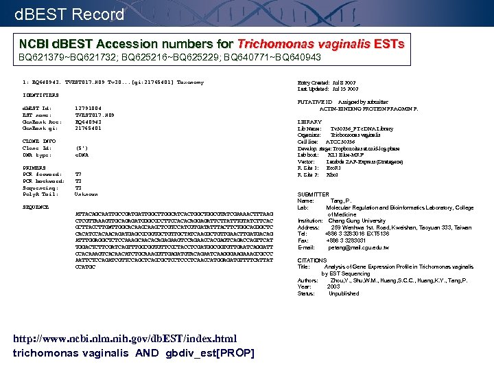 d. BEST Record NCBI d. BEST Accession numbers for Trichomonas vaginalis ESTs BQ 621379~BQ