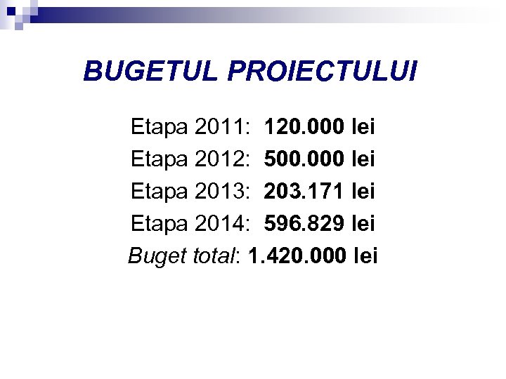 BUGETUL PROIECTULUI Etapa 2011: 120. 000 lei Etapa 2012: 500. 000 lei Etapa 2013: